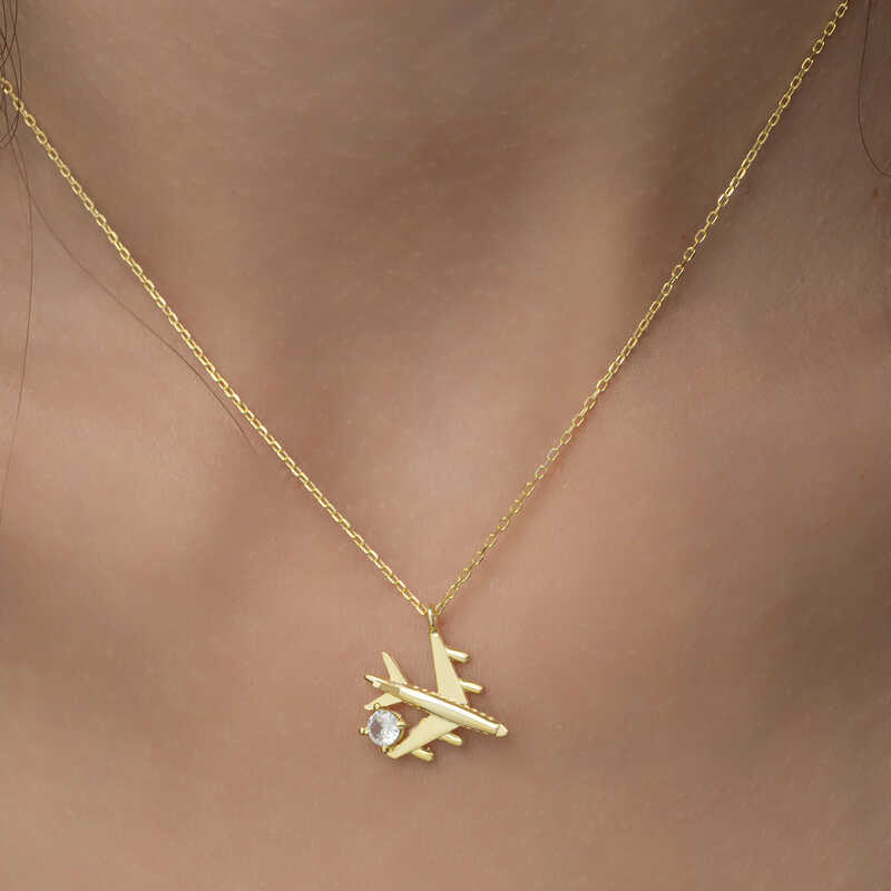 Silver Gold Single Stone Airplane Women’s Necklace