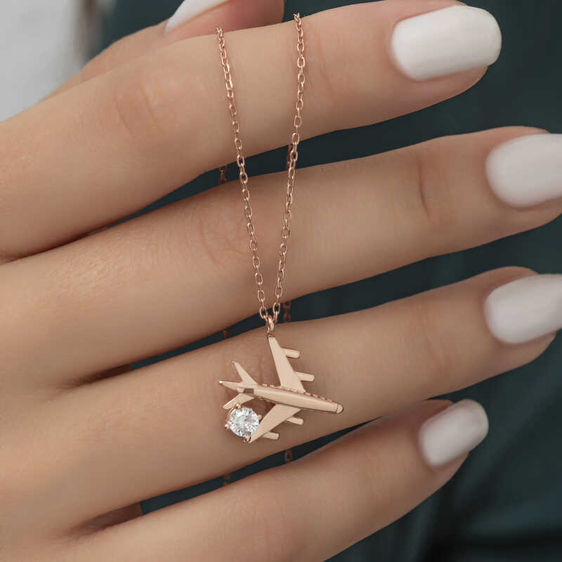 Silver Rose Single Stone Airplane Women’s Necklace