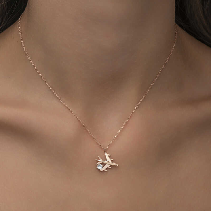 Silver Rose Single Stone Airplane Women’s Necklace