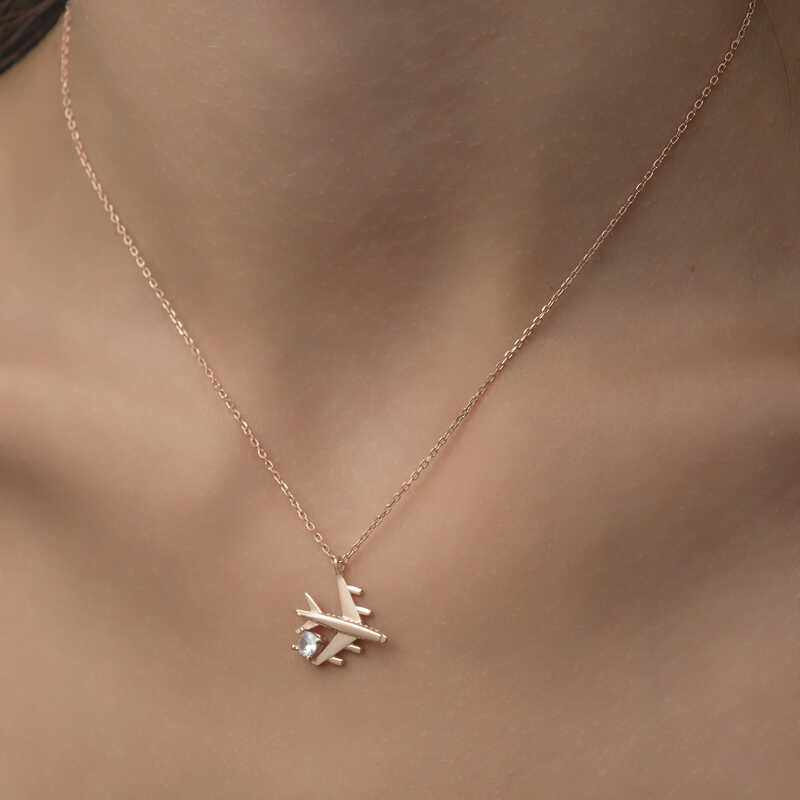 Silver Rose Single Stone Airplane Women’s Necklace
