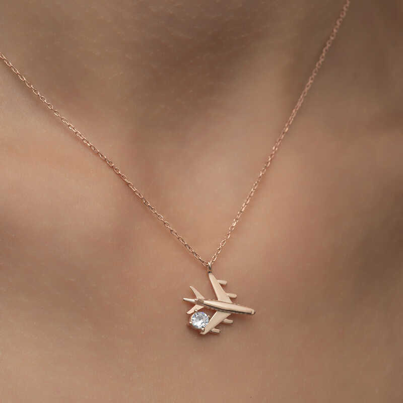 Silver Rose Single Stone Airplane Women’s Necklace