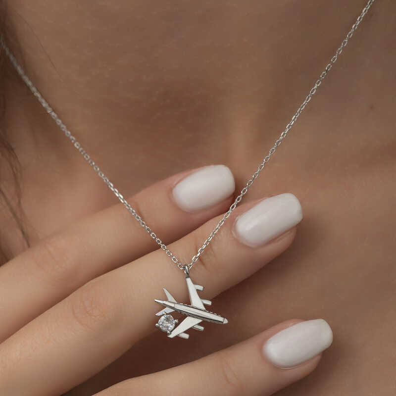 Silver Rhodium Single Stone Airplane Women’s Necklace