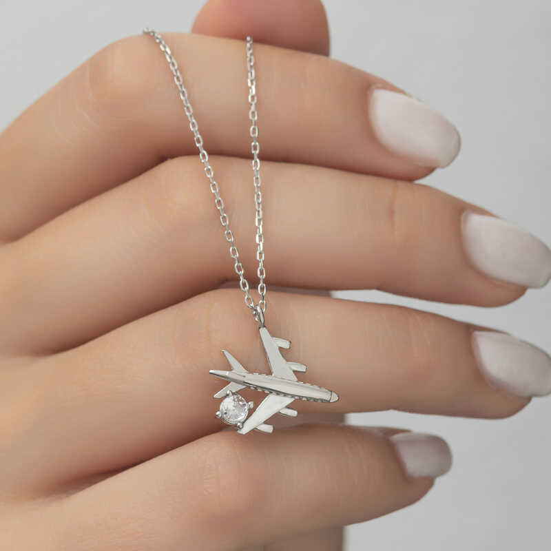 Silver Rhodium Single Stone Airplane Women’s Necklace