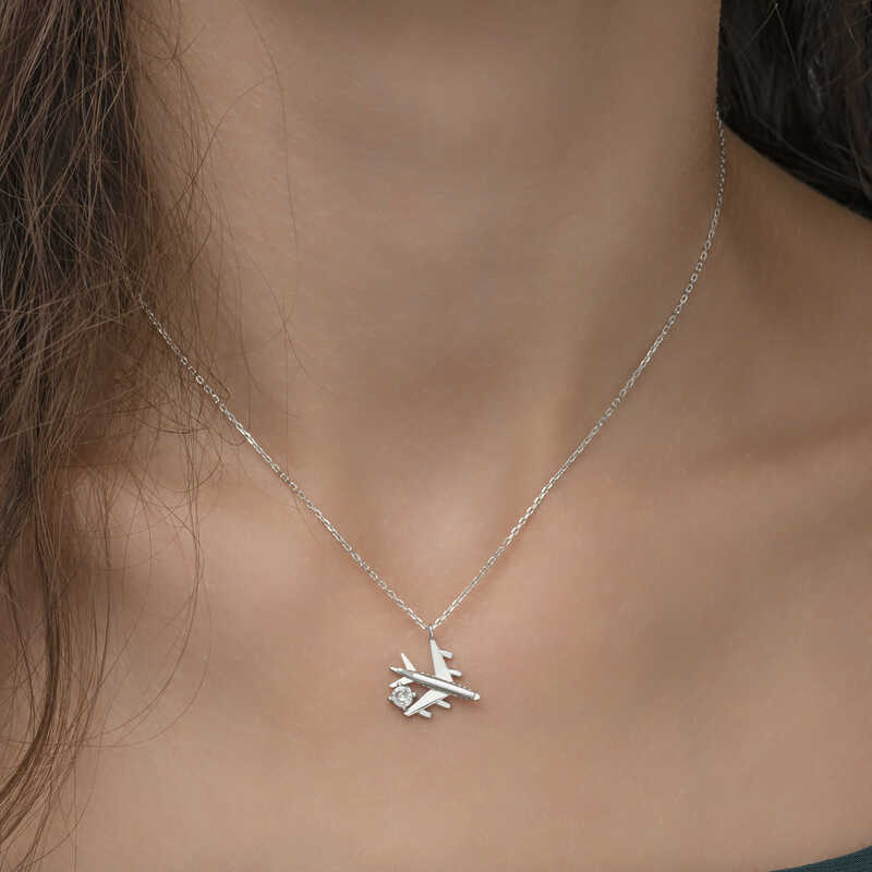Silver Rhodium Single Stone Airplane Women’s Necklace