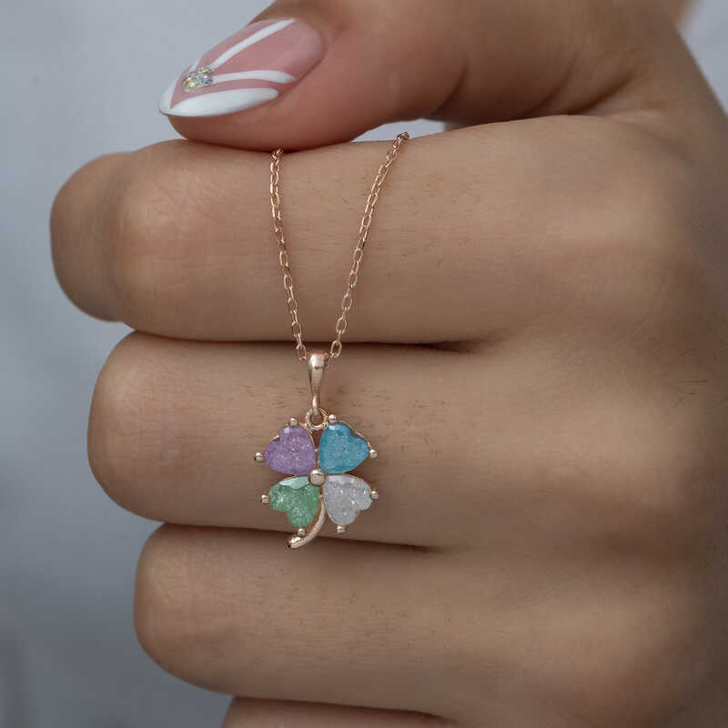 Silver Rose Color Stone Heart Clover Women’s Necklace