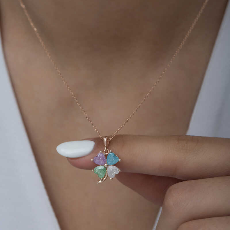 Silver Rose Color Stone Heart Clover Women’s Necklace