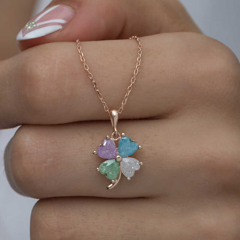 Silver Rose Color Stone Heart Clover Women’s Necklace