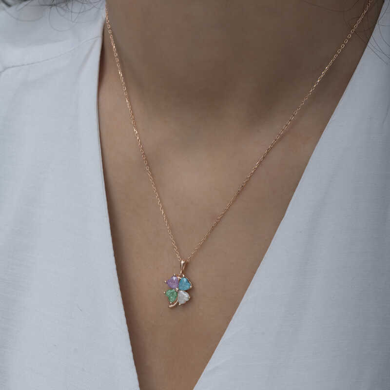Silver Rose Color Stone Heart Clover Women’s Necklace
