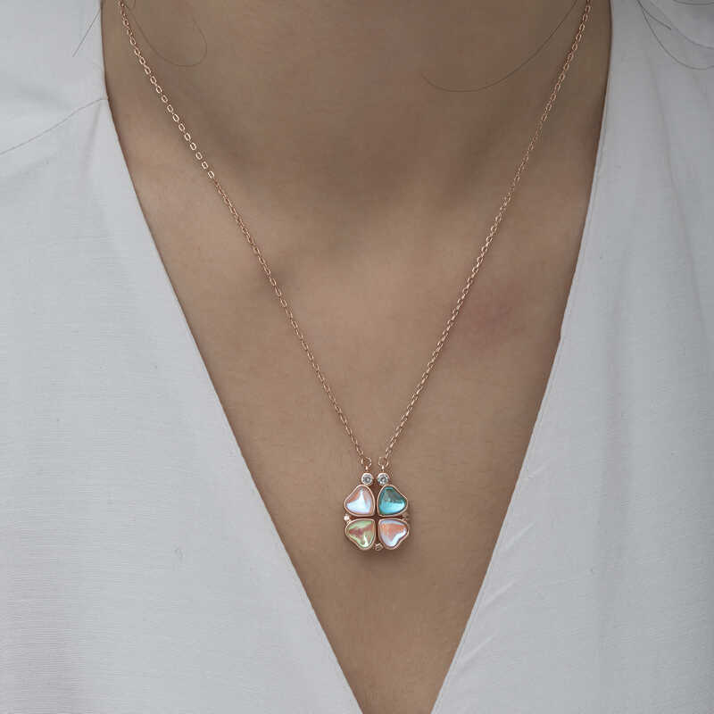 Silver Rose Colored Openable Clover Women’s Necklace