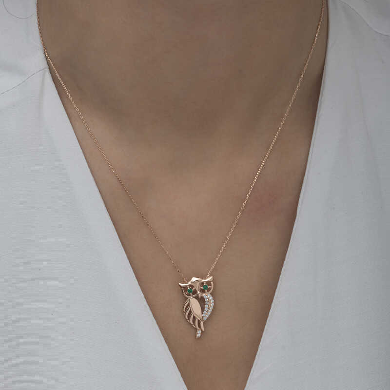 Silver Rose Green Eyed Owl Women’s Necklace