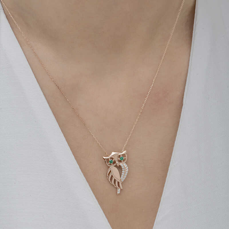 Silver Rose Green Eyed Owl Women’s Necklace