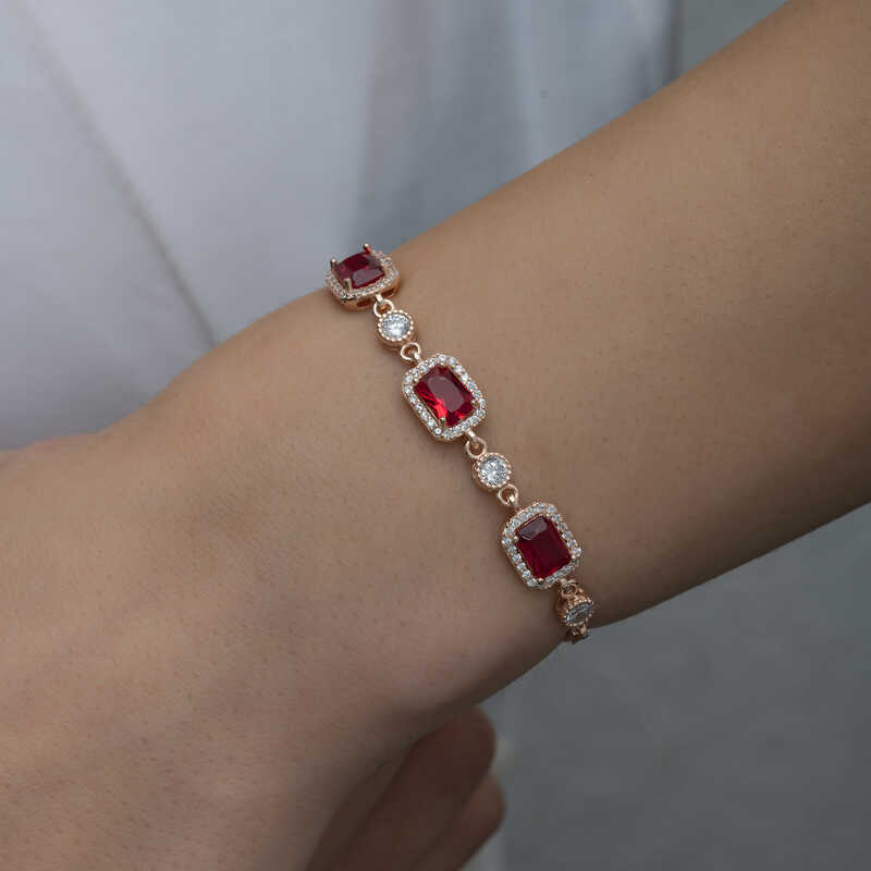 Silver Rose Baguette Red Stone Women’s Bracelet