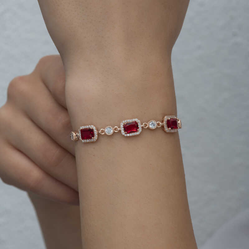 Silver Rose Baguette Red Stone Women’s Bracelet