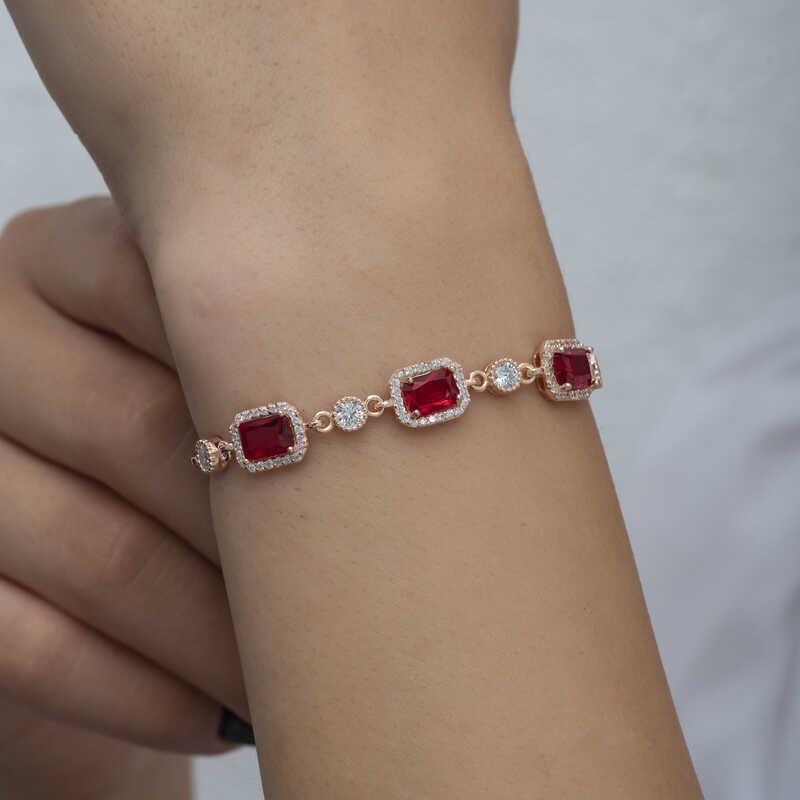 Silver Rose Baguette Red Stone Women’s Bracelet