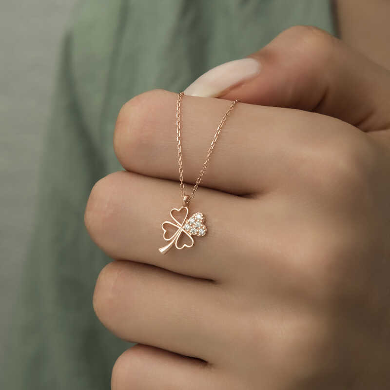 Silver Rose Heart Four Leaf Clover Women’s Necklace