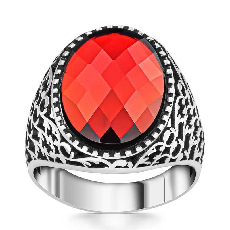 Silver Red Zircon Stone Oval Men’s Ring