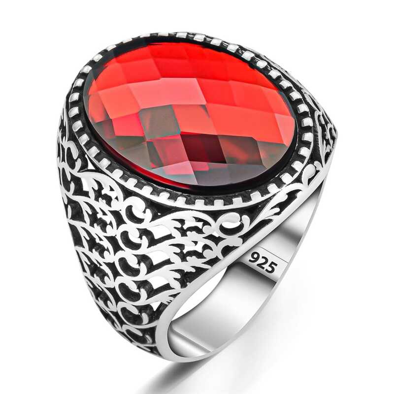 Silver Red Zircon Stone Oval Men’s Ring