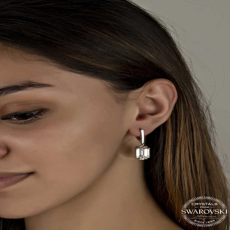 Swarovski Crystal Stone Silver White Baguette Dangle Women’s Earrings