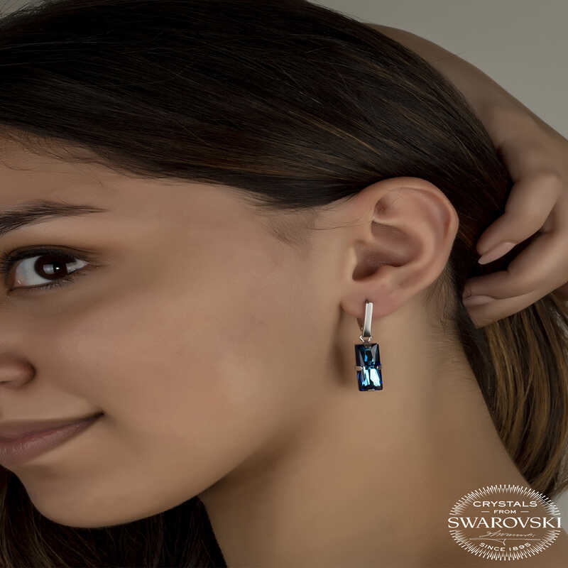 Swarovski Crystal Stone Silver Blue Baguette Dangle Women’s Earrings
