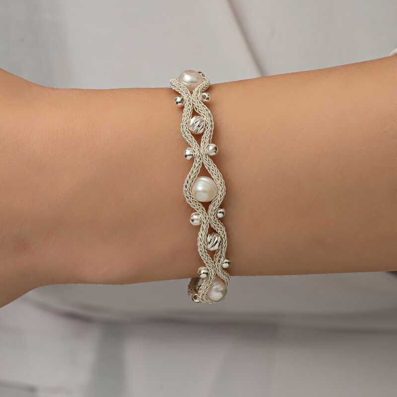 Silver Pearl Kazaziye Knit Bracelet