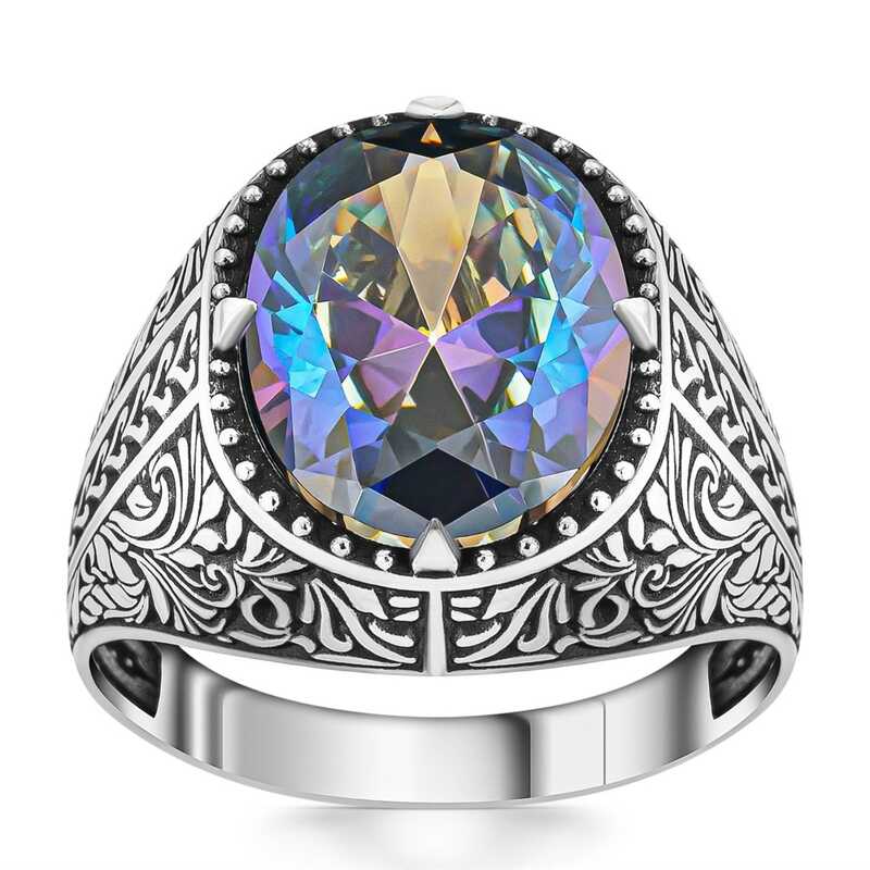 Silver Flower Motif Mystic Topaz Men’s Ring