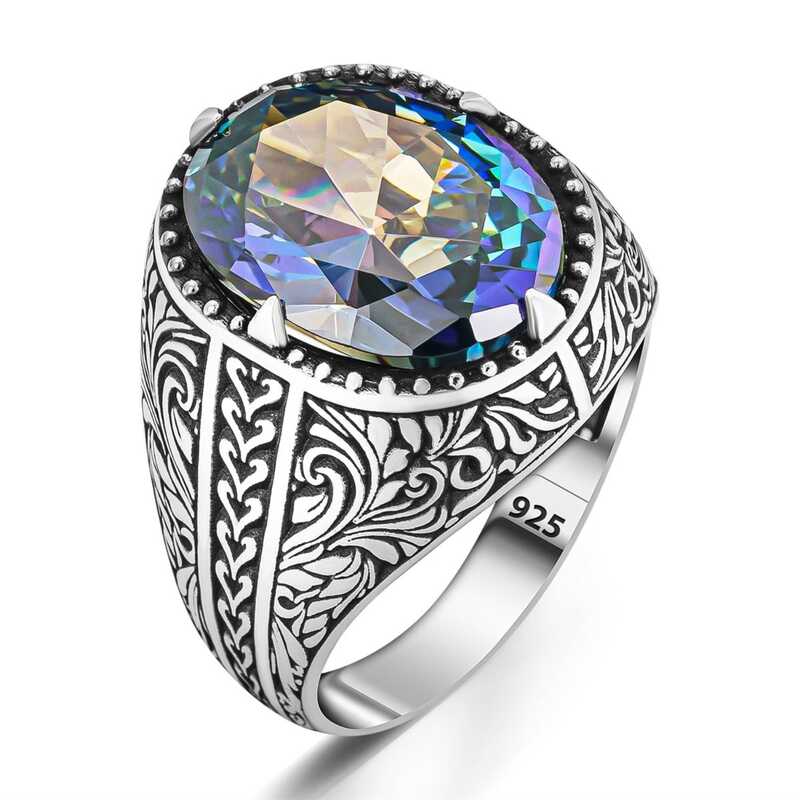 Silver Flower Motif Mystic Topaz Men’s Ring