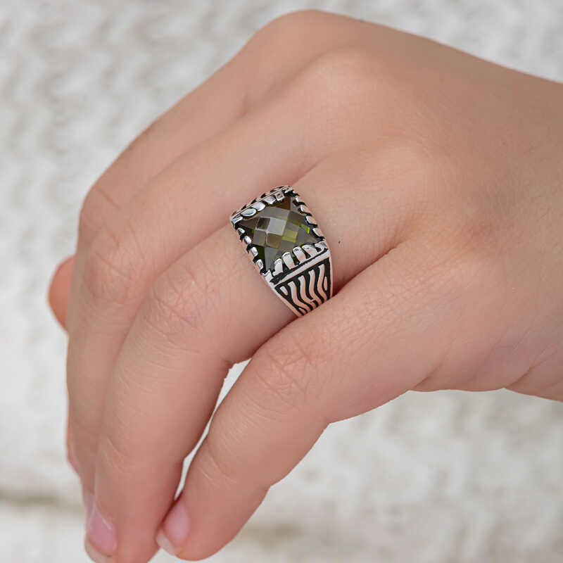 Silver Olive Green Zircon Stone Children’s Men’s Ring