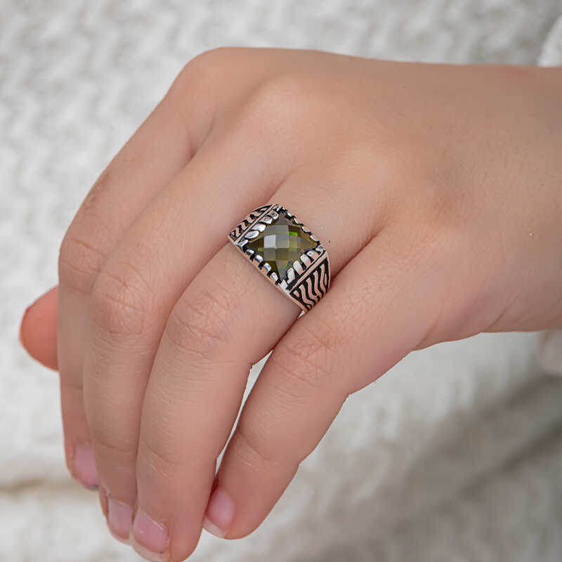 Silver Olive Green Zircon Stone Children’s Men’s Ring
