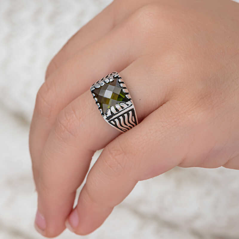 Silver Olive Green Zircon Stone Children’s Men’s Ring