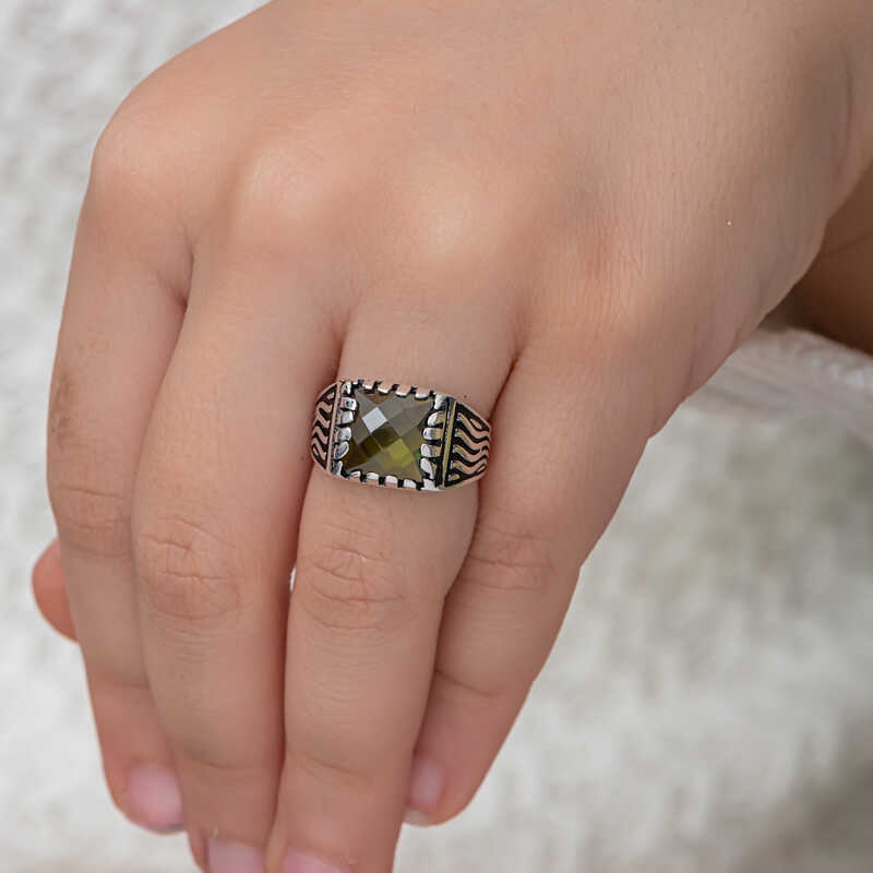 Silver Olive Green Zircon Stone Children’s Men’s Ring