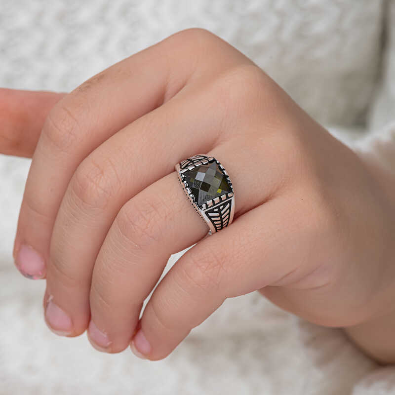 Silver Olive Green Zircon Stone Children’s Men’s Ring