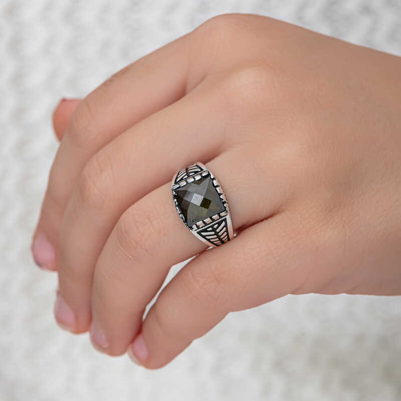Silver Olive Green Zircon Stone Children’s Men’s Ring