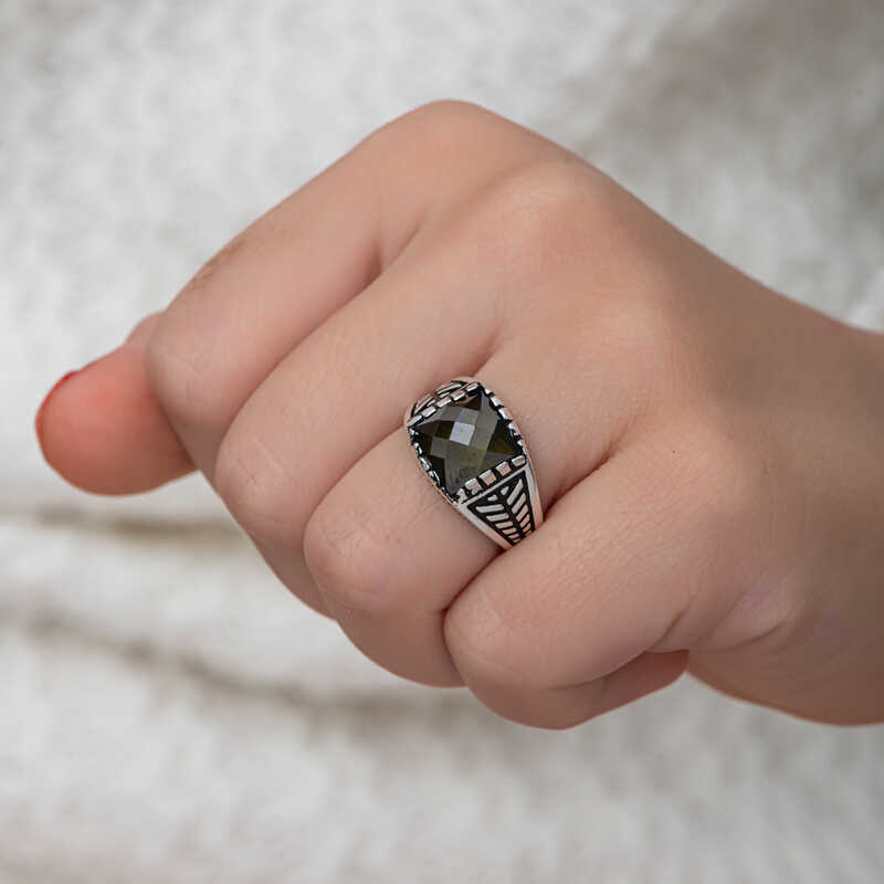 Silver Olive Green Zircon Stone Children’s Men’s Ring