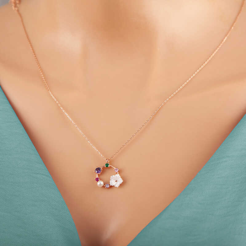 Silver Rose Colored Stone Magnolia Flower Women’s Necklace