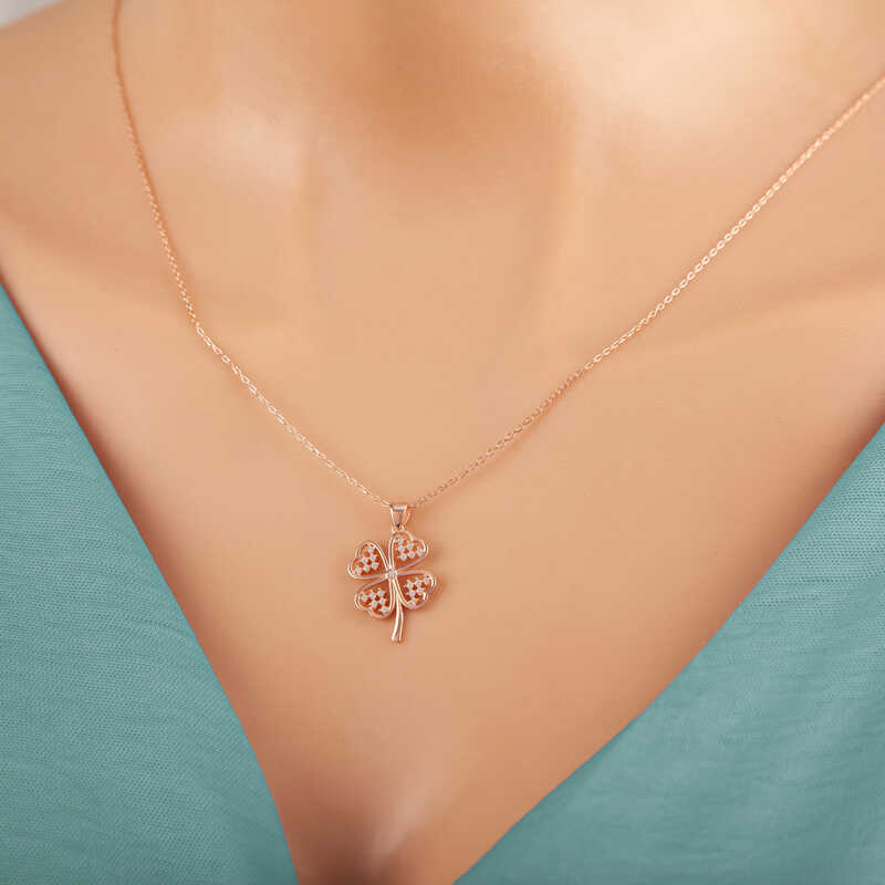 Silver Rose Heart Four Leaf Clover Women’s Necklace