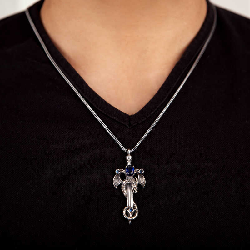 Silver Sapphire Stone Dragon Men’s Sword Necklace