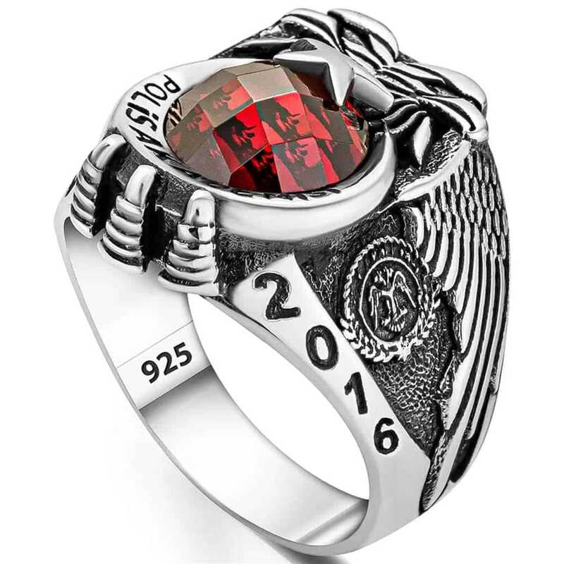 Silver Police Academy Red Stone Men’s Ring