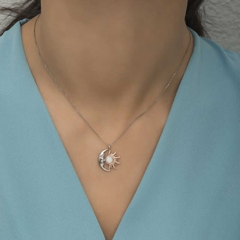 Silver Opal White Stone Moon Sun Women’s Necklace