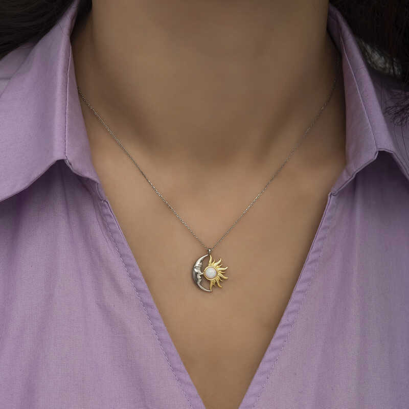 Silver Opal White Stone Moon Sun Women’s Necklace