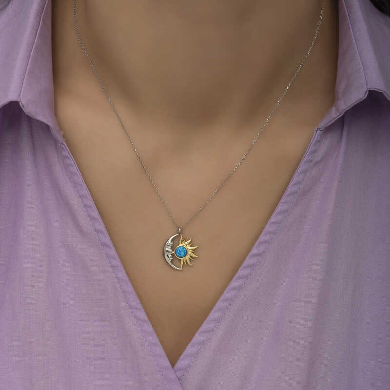 Silver Opal Blue Stone Moon Sun Women’s Necklace