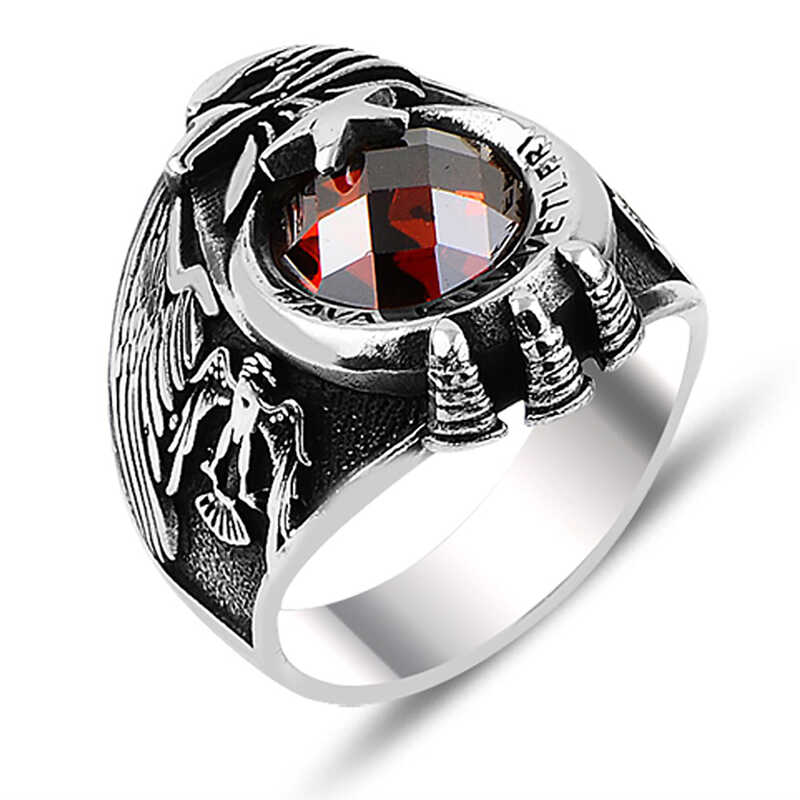 Silver Crescent Star Air Force Red Stone Men’s Ring