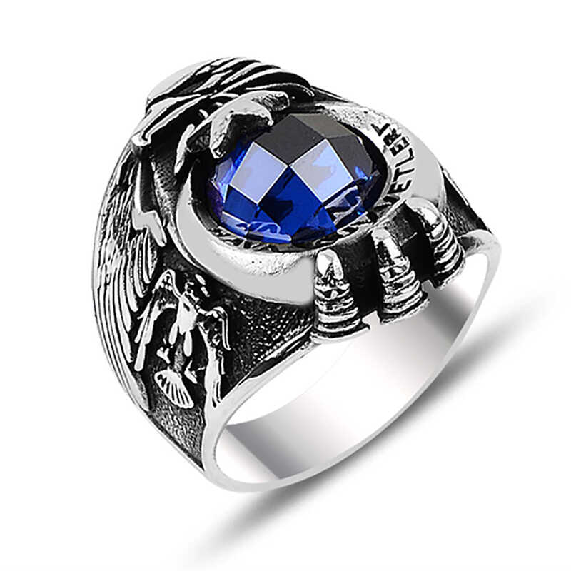 Silver Crescent Star Air Force Blue Stone Men’s Ring