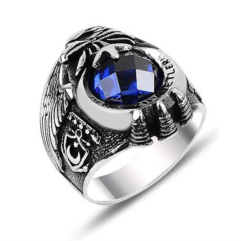Silver Star and Crescent Navy Blue Stone Men’s Ring