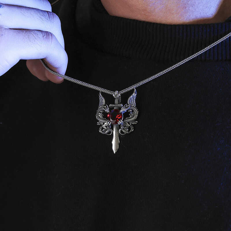Silver Red Stone Dragon Men’s Sword Necklace