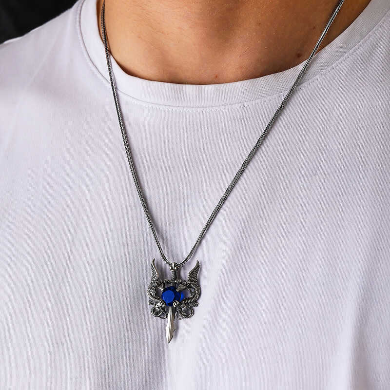 Silver Blue Stone Dragon Men’s Sword Necklace