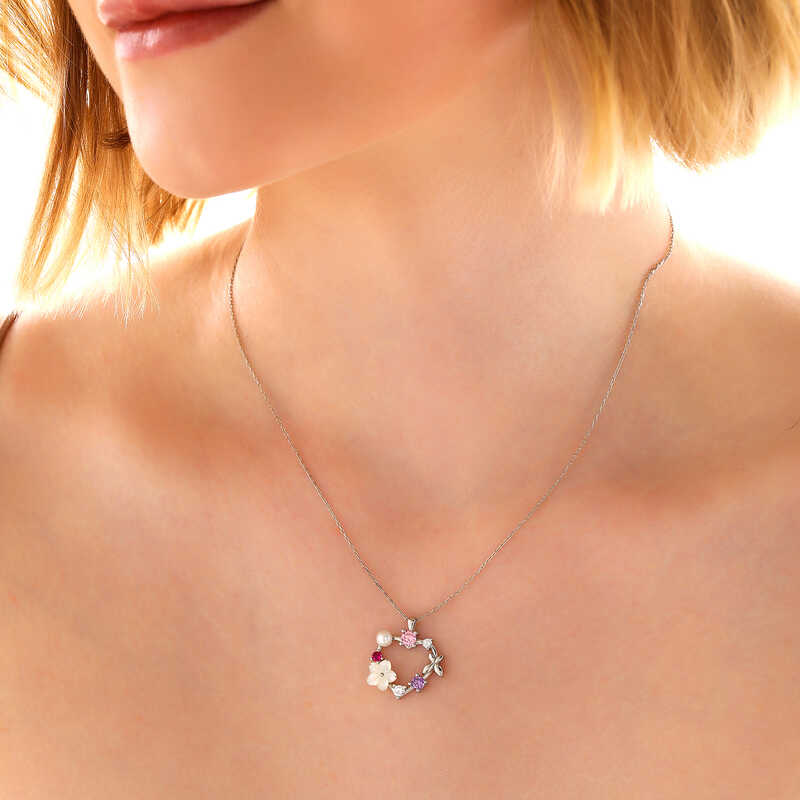Silver Heart Magnolia Flower Butterfly Women’s Necklace