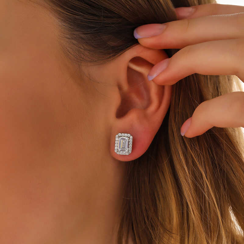 Silver White Baguette Stone Stud Women’s Earrings