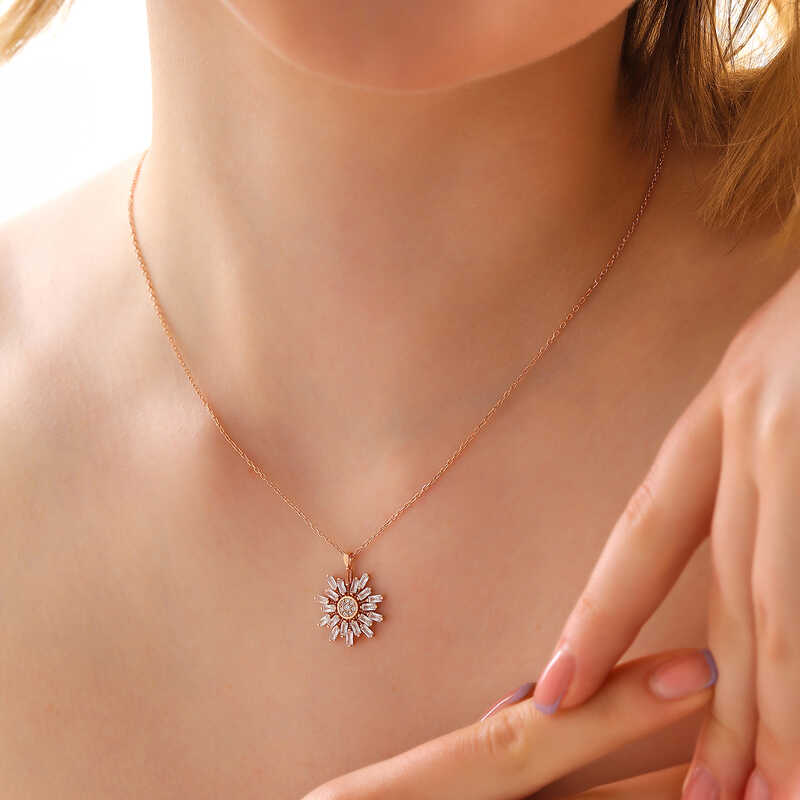 Silver Rose Baguette Stone Snowflake Women’s Necklace
