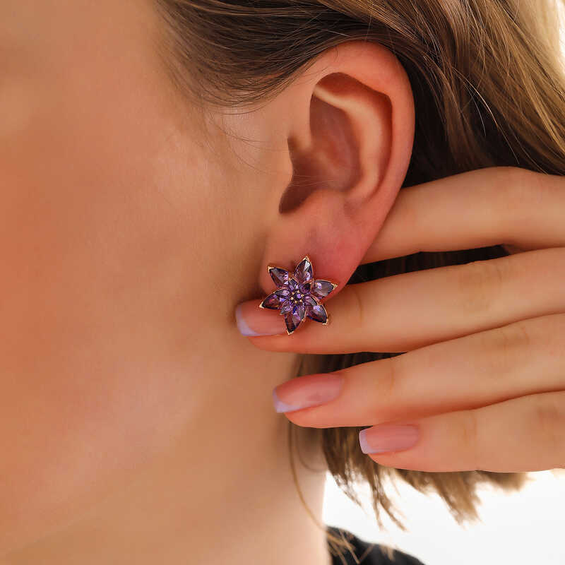 Silver Rose Purple Lotus Flower Stud Women’s Earrings