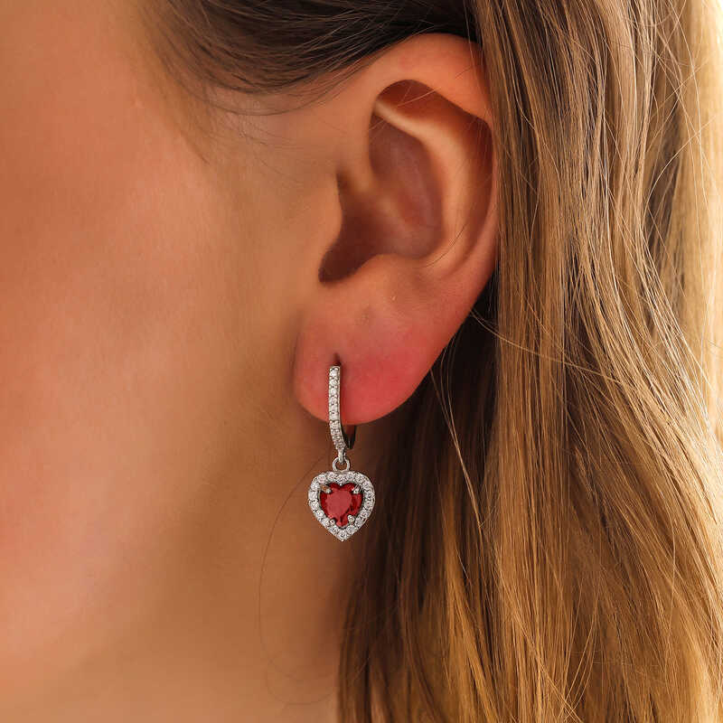 Silver Red Stone Heart Women’s Earrings